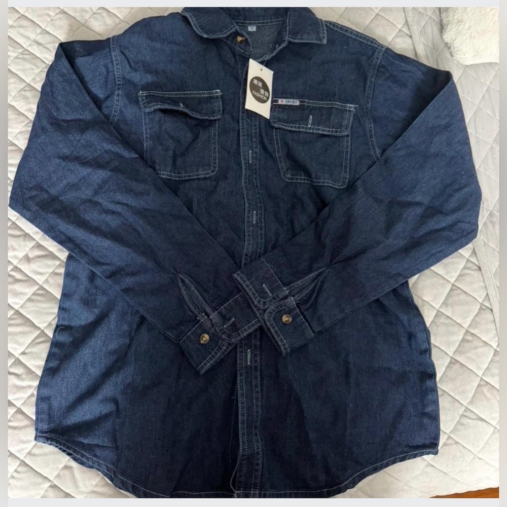 Dark blue denim button up shirt, woman size L